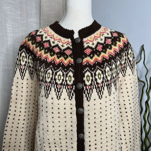 Vintage Norsk Husflid Hand Knit Wool Cardigan Sweater Nordic Button Size Medium - Picture 2 of 10